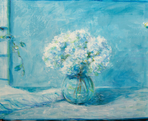 Je me souviens de tes bouquets d'hortensias déposés les matins d'été à Lézinadou dans l'atelier bleu. de François Pagé, Pintura a la venta en Singulart