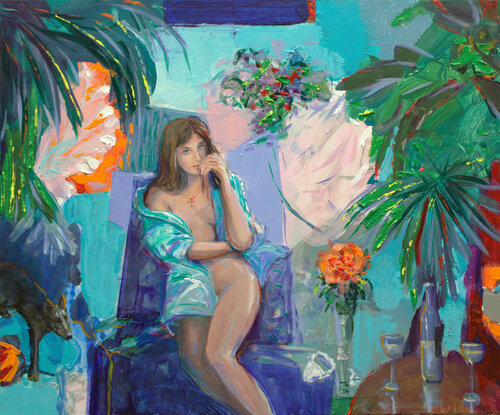 Dans la fraîcheur bleue de l'atelier d'été, les couleurs envahissaient le lin de ma toile, le lien qui tissait nos regards. von François Pagé, Malerei kaufen auf Singulart