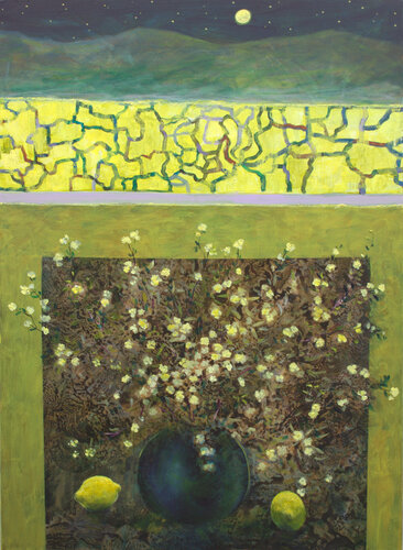 Tu me lisais des poèmes de Matsuo Basho. Devant ton bouquet, j'étais heureux, allongé contre ton dos marqué de la lune comme un sceau. von François Pagé, Malerei kaufen auf Singulart