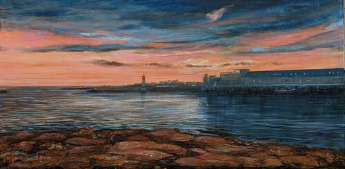le soir on allait contempler le phare et sa lumière cyclopéenne qui éclairait la plume d'un ange dans le ciel, sans doute le tien. Ta main chuchotait à la mienne : Comme c'est beau ! by François Pagé, Painting for Sale on Singulart