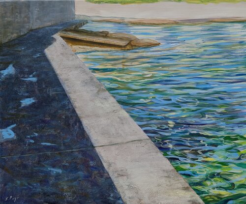 C'était d'anciens viviers qui donnaient sur la mer, l'eau y tiédissait depuis le matin. Quelques ados en fin d'après-midi se serraient sur le quai, le temps des premiers baisers. von François Pagé, Malerei kaufen auf Singulart