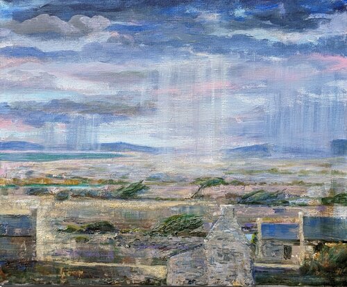 Dans le ciel cavalaient les nuages , laissant des passages griffés de lumières ou d'averses. Au fond les vieilles montagnes usées de bleus gardaient les golfs clairs. van François Pagé, Schilderij te koop op Singulart