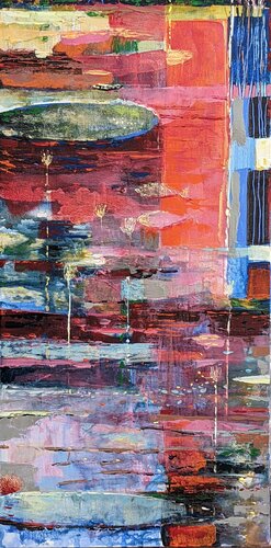 Sur le bassin on jouait "Arabesque"de Debussy, les rouges d'Orient se tissaient aux plantes fragiles.  L'ensemble sonnait oriental cassant le rythme tonal quelques poissons nageaient sur des intervalles instables. par François Pagé, Peinture en vente sur Singulart
