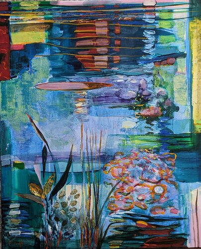 Sur le bassin on jouait "L'œuvre ouverte"de John Cage. C'était sans âge comme à l'origine.  Y avait-il un héritage, un récit perduré par des mages ? Innocent, non c'est certain ! van François Pagé, Schilderij te koop op Singulart