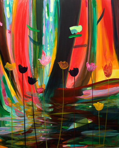 Comme une tenture tapissée de fleurs, seulement pour tes yeux ou pour les dieux, au bord de l'eau elles ne m'abandonnent jamais dans mes chagrins, dans le futur tout est tellement incertain. par François Pagé, Peinture en vente sur Singulart