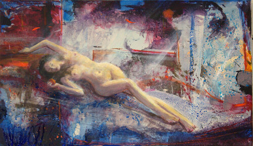 Peins-moi avec ta bouche qui vient de mordre la pomme sacrée, enveloppe-moi de  ton corps au goût de miel et d'aurore électrique. by François Pagé, Painting for Sale on Singulart