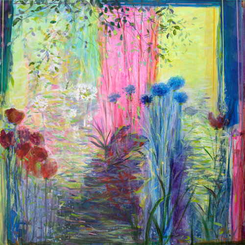Sous la verrière j'entends la pluie tomber, mes fleurs sont heureuses. di François Pagé, Pittura in vendita su Singulart
