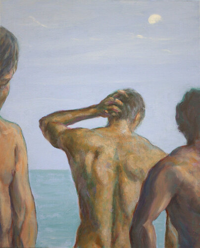 L'été sur les plages sans âge, les corps des hommes se croisaient comme leur destin. by François Pagé, Painting for Sale on Singulart