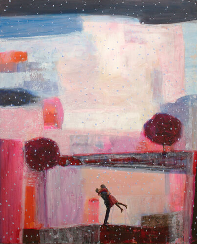 Nous nous étions donné rendez-vous sur le plateau. Comme des plumes d'ange les premiers flocons virevoltaient. Tu savais que ce spectacle me mettait en joie, tu m’enlaças soudainement avec folie. by François Pagé, Painting for Sale on Singulart