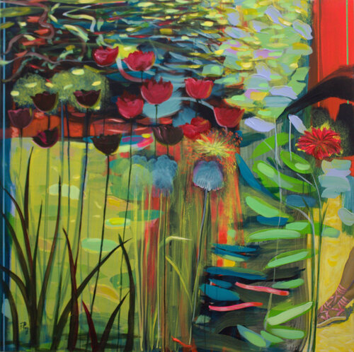Je savais qu'il ne fallait pas croiser tes yeux Diane, j'avais donc épousé l'air des marais pour ne voir que tes sandales et leurs rubans, couleur laque géranium. di François Pagé, Pittura in vendita su Singulart