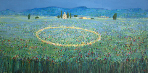 Dans l’indifférence du monde et comme une force pure qui nous abrite, un cercle venait d’apparaître devant la chapelle San Querico. 120cm x 60cm huile sur toile  François Pagé 2023 by François Pagé, Painting for Sale on Singulart