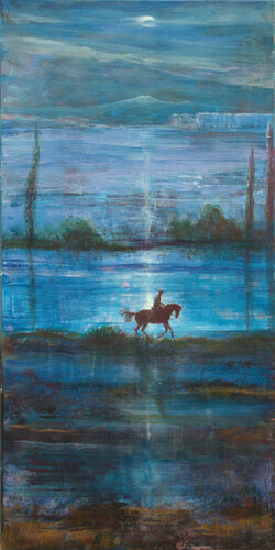 John chevauchait lentement le long du fleuve, le paysage lui semblait semblable à ceux qu'il avait vus au Minneapolis Institute of Arts de Johachim Patinir un peintre flamand. by François Pagé, 회화 for Sale on Singulart