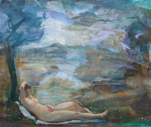 J'avais marché longtemps, c'est au bord de la clairière que je la vie, endormie telle une Vénus de l'école romaine. Je me frottai les yeux, puis elle disparut. van François Pagé, Schilderij te koop op Singulart