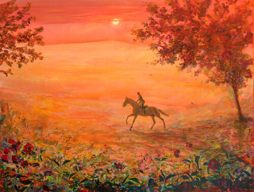 Jean aimait chevaucher quand la lune se levait, tout semblait alors peint comme sur un chromo. par François Pagé, Peinture en vente sur Singulart