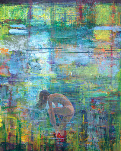 Je peignais au bord de l’eau, vous m’êtes apparue comme un mirage,comme une image,et disparue sans un mot, faudra-t-il me contenter du visible. van François Pagé, Schilderij te koop op Singulart