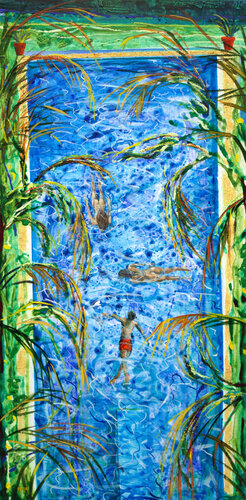 Sur le bassin, Alice Léa et Jim glissaient sur l'eau azurée. Les Alizées sifflaient dans les palmiers pour rire, carpe diem. by François Pagé, Painting for Sale on Singulart