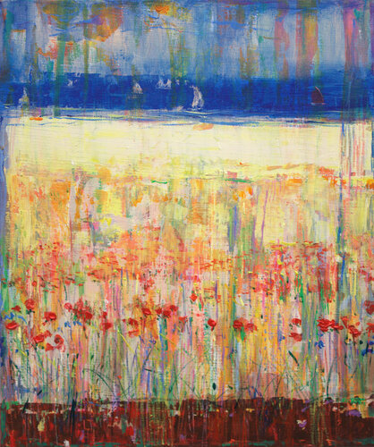 Au loin les voiliers bravaient les nuées, quelques fleurs souriaient au moindre rayon de soleil avec leur cœur en pleine face. van François Pagé, Schilderij te koop op Singulart