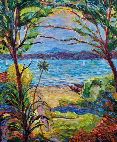C'était l'été, on se retrouvait pour parler d'art à la villa "la joie", on était presque comme dans un Bonnard by François Pagé, Painting for Sale on Singulart