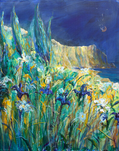 Dans l’indifférence des fleurs qui jabotaient avec le vent, Icare chutait dans le bleu marin. par François Pagé, Peinture en vente sur Singulart
