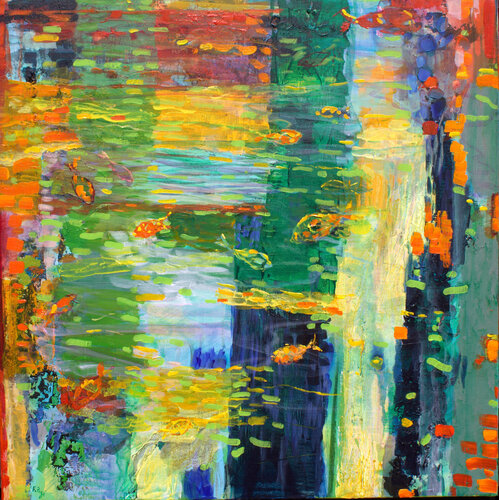Dans l'onde musicale, les poissons écrivaient à travers les reflets des sillons de couleurs, que tu déchiffrais comme Circé aux heures vespérales. van François Pagé, Schilderij te koop op Singulart