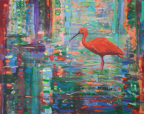 C'est à l'automne que nous nous donnions rendez-vous, sa ponctualité était remarquable. Il était d'une beauté rare, mystérieux dans son attitude, son plumage rouge et son œil amoureux comme un roi de Babylone, entraînait pour moi des impressions ineffaçab par François Pagé, Peinture en vente sur Singulart