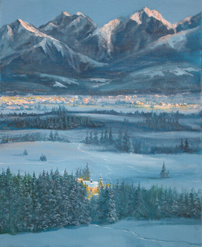 Quand nous allions le soir, au dessus du chalet voir s'endormir les montagnes, le village scintillait comme une guirlande de pacotille. Il était 19h05, l'écho répétait sans fin le tintement des cloches pour la prière des anges, nos mains gantées s'aimaien di François Pagé, Pittura in vendita su Singulart