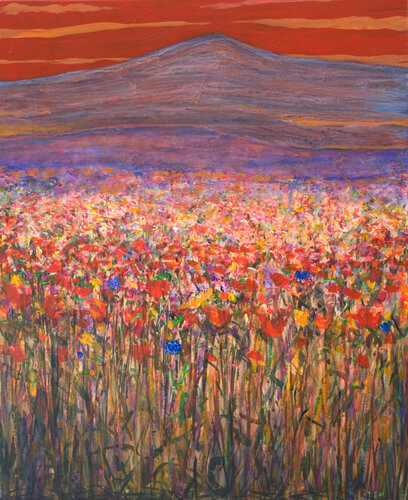 Le vieux mont breton existait comme il pouvait, il conjuguait le verbe résister qu'au présent. Parfois quelques jeunes fleurs lui rendaient hommage quand il ne se laissait pas aller à ressembler aux nuages. van François Pagé, Schilderij te koop op Singulart