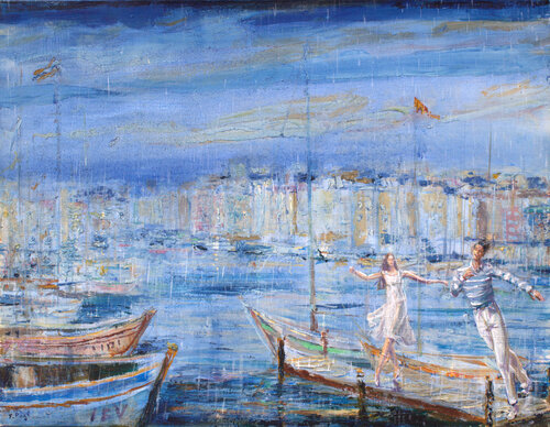 A l'aube dans le soleil bleu vous dansiez, glissant sur l'air qui effaçait l'horizon. Avec des ailes sous vos pieds vous tourniez autour de moi , j'étais l'arbre sans saison. di François Pagé, Pittura in vendita su Singulart