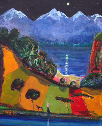 Même si le lac nous déparait, le soir, si la lune le pouvait, nos regards se croisaient. Si le paysage bien trop vaste aurait dû capter nos balades, j'inventais une pochade, un visage, une bouche, un sourire aux lèvres grenades. by François Pagé, 油畫 for Sale on Singulart