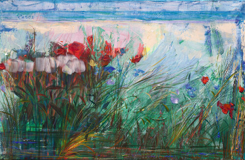 Devant la mer, on regardait les yeux du jardin, allongés l’un dans l’autre. A l’unisson nos respirations suivaient le rythme des fleurs qui dansaient sur le souffle de Zéphyr. van François Pagé, Schilderij te koop op Singulart