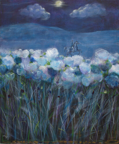 Chaque soir de pleine lune, elles se pressaient pour l'admirer. Leurs robes de soie et de mousseline se frôlaient et dégageaient des parfums de rose bulgare de musc et de vanille. Le cavalier bleu était d'une élégance rare. by François Pagé, 絵画 for Sale on Singulart