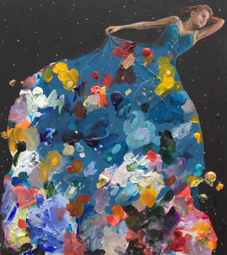 En quelque coups de pinceaux, sur ma palette je t'avais fait renaître. Tu vois, tu n'avais pas disparu ! Te souviens-tu de nos voyages vers d'autres planètes et la voie lactée, Chloé ! von François Pagé, Malerei kaufen auf Singulart