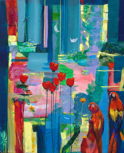 Mieux vaut l'original à la copie répétait l'ara. Dans le jardin de Laura, son ange gardien s'était enfui. von François Pagé, Malerei kaufen auf Singulart