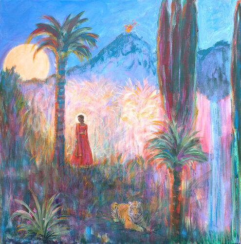 C'est après une très longue marche harassante dans une jungle hermétique, que dans une clairière elle m’apparut. Je la vis comme une beauté inouïe, puis tout disparu. di François Pagé, Pittura in vendita su Singulart