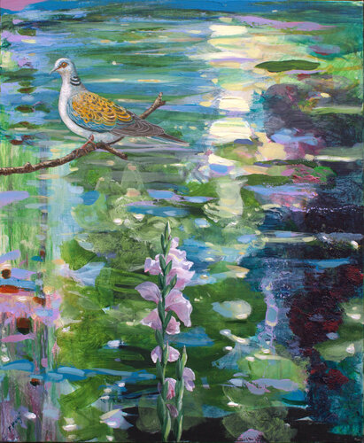 La nature ne fait rien d’inutile, alors ces reflets à quoi bon ?Mais c’est pour dialoguer avec les poètes me répondit la tourterelle et puis Dieu a le droit de peindre aussi, c’est si bon ! by François Pagé, Painting for Sale on Singulart