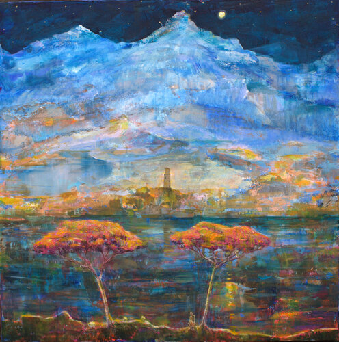 Daphnis heureux que les Nymphes pastorales lui aient rapporté son troupeau un soir de pleine lune, après le pillage de Méthymne. di François Pagé, Pittura in vendita su Singulart