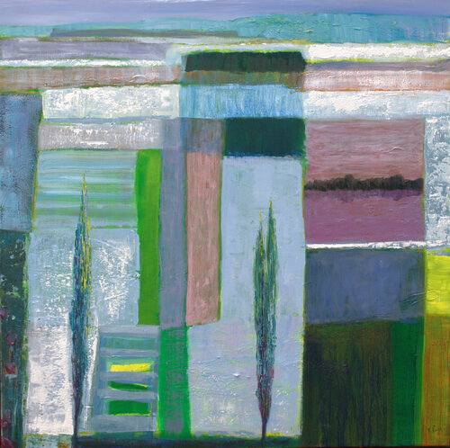 Dans le blanc soleil qu'allumait un ciel paresseux, deux peupliers accueillaient l'hiver avec élégance. par François Pagé, Peinture en vente sur Singulart