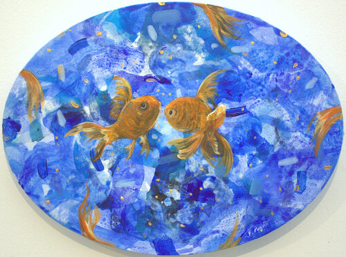 En écoutant :”poissons d’or” de Debussy, les poissons valsaient avec joie. van François Pagé, Schilderij te koop op Singulart