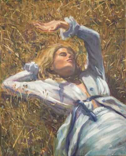 Sur l'étendue des épis, Julia attendait Tristan. Il y avait-t-il dans l'attente plus de plaisir à imaginer le moment de la rencontre que de la vivre? L'attente était-elle finalement un enchantement ? van François Pagé, Schilderij te koop op Singulart