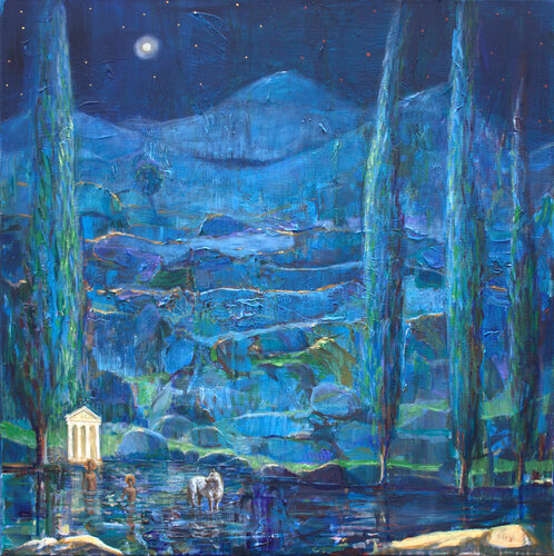 Sur les berges du Nestos, se baignent Castor et Pollux, le blanc et d’argent Balios s’offre le luxe d’un bain sans mors. par François Pagé, Peinture en vente sur Singulart