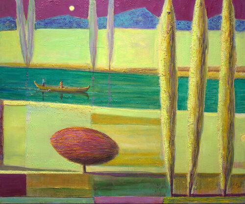 Chaque soir et en toutes saisons, ils naviguaient sur la rivière sacrée, Pavan chantait et elle aimait voir le paysage défiler comme les rimes de ses chansons. by François Pagé, Painting for Sale on Singulart