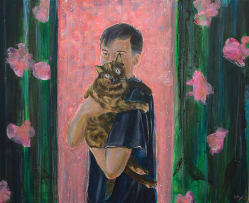 Titre : L'instant où à travers la fenêtre dans une pluie de printemps, j'entendis:" Il pleut, tu vas être trempée ! Allez tu rentres et laisse les merles tranquille." van François Pagé, Schilderij te koop op Singulart