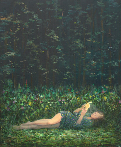 La nuit était tombée, j'avais marché longtemps. C'est au détour d'une clairière que je vis une femme qui semblait être éclairée de nulle part. Un situation totalement irréelle. by François Pagé, Painting for Sale on Singulart