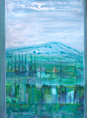 Sur le pas de la porte, tes reins ancrés aux miens, nous regardions béats la lune pâle comme une hostie iriser le paysage. Une éclaircie sur la chapelle rallumait le jour. van François Pagé, Schilderij te koop op Singulart