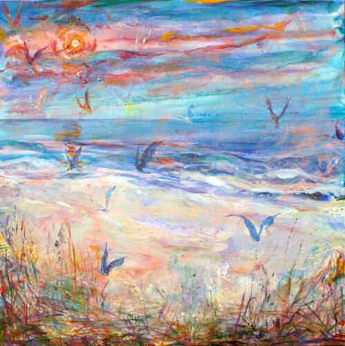 La bourrasque délogea nos bouches arrosées de rosé. Les mouettes riaient comme des volées de cloches déchirant ciel, mer et vagues trémolantes. di François Pagé, Pittura in vendita su Singulart