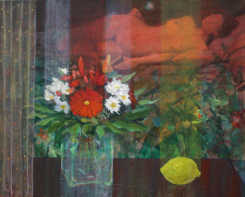 Tu t'étais endormie, un livre éteint dans ta main, une fleur suspendait ton rêve empli de désir. par François Pagé, Peinture en vente sur Singulart