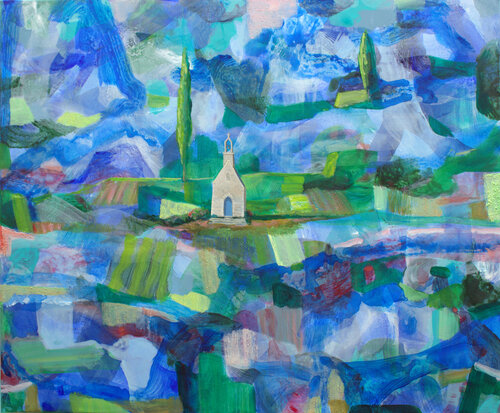 Chapelle, perdue dans le paysage délavé de pluie, je ne voyais plus que toi. Tu avais l’éclat d’une pierre précieuse comme le jaspe cristallin. von François Pagé, Malerei kaufen auf Singulart