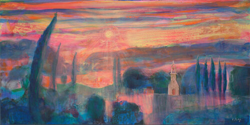 C'était une fin du jour où ta main c'était endormie dans la mienne, le paysage soupirait sous le feu corail du soleil. Huile sur toile : van François Pagé, Schilderij te koop op Singulart