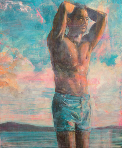 Presque antique et pourtant intemporelle, la silhouette d’Olympe se découpait sur le ciel. Il semblait tel un Atlante, supporter l’univers. de François Pagé, Pintura a la venta en Singulart