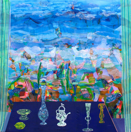 Depuis ta fenêtre je contemplais ta collection romaine, ta main frôlait la mienne, brûlante comme le volcan au loin. par François Pagé, Peinture en vente sur Singulart